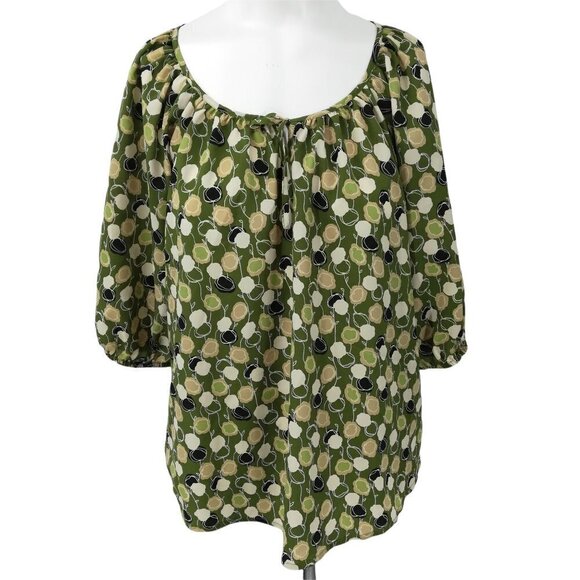 Ann Taylor Loft Peasant Blouse Size S Green Flowers Floral Abstract Short Sleeve - Picture 1 of 12